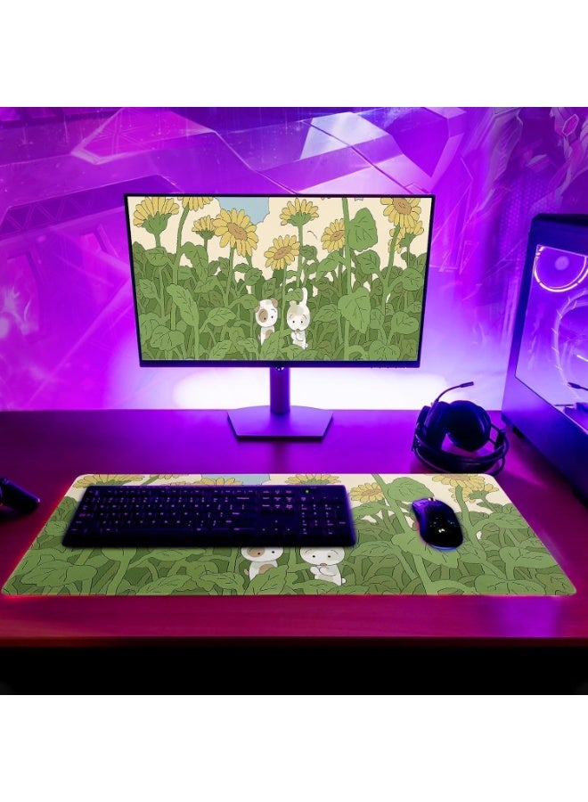 Large Gaming Mouse Pad, Anime Green Desk Mat, Big Sunflower Large Mousepad, Extended Non Slip Rubber Base Waterproof Keyboard Mat, with Stitched Edges, for Gaming and Office, 31.5x11.8 Inch - Image 3