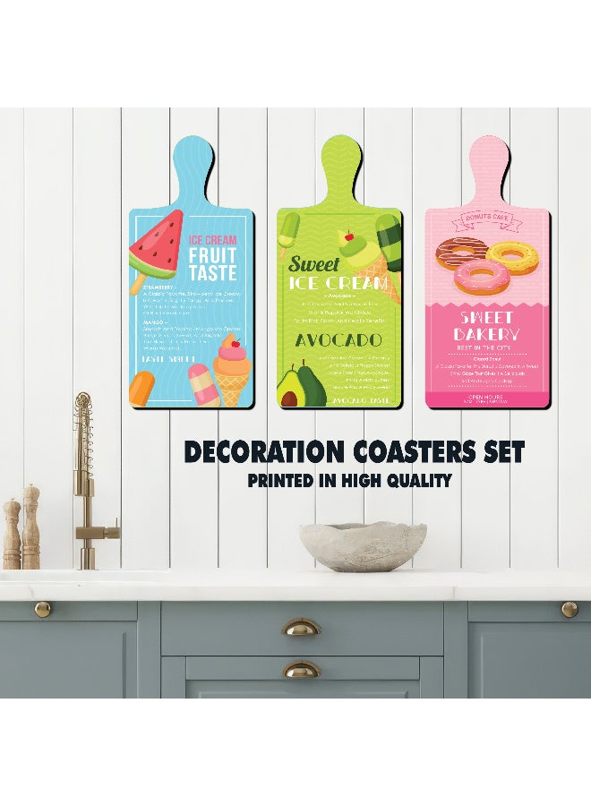 A Set Of 3 Wooden Wall Decor Pieces Designed Like Coasters Or Cutting Boards, Printed With Elegant Illustrations. Comes With Double-Sided Adhesive Backing. Dimensions: 28×13.5 Cm. Features High-Quality Glossy Printing With A Protective Layer Resistant To Dust And Wear. - Image 3