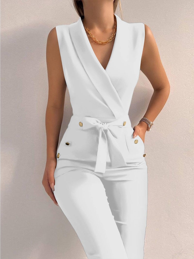 Uni Clau Women's Elegant Jumpsuits V Neck Sleeveless Straight Belted Long Pants Business Suits Set with Pockets White XL - Image 2