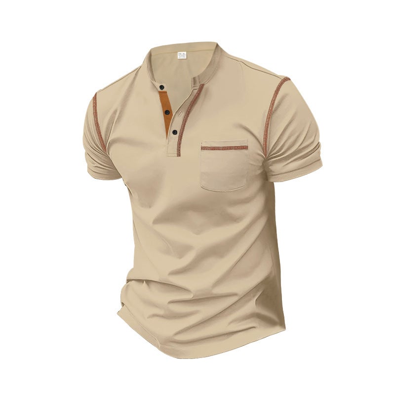 Men's Short-Sleeved Henry Shirt Color-Matching T-Shirt