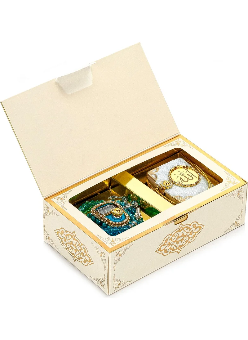 İhvan Online Stone Zikirmatik - Mini Quran - Gift Set with Crystal Stone Prayer Beads - Blue Color