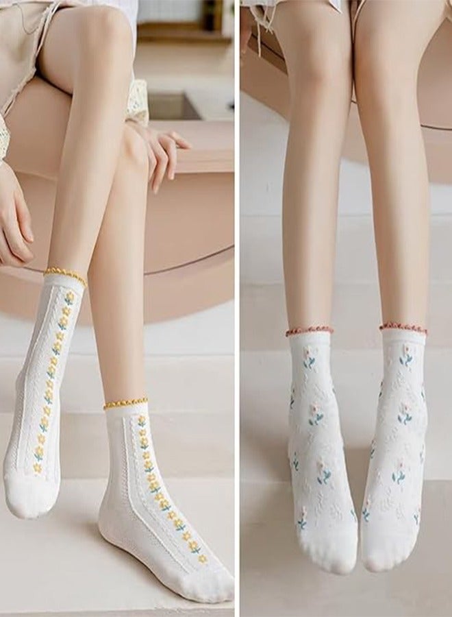 Women's Calf Socks Casual Cotton Socks, Fun Novelty Girls Floral Socks 5 Pairs, Lace Socks Women's Calf Socks  - Image 2
