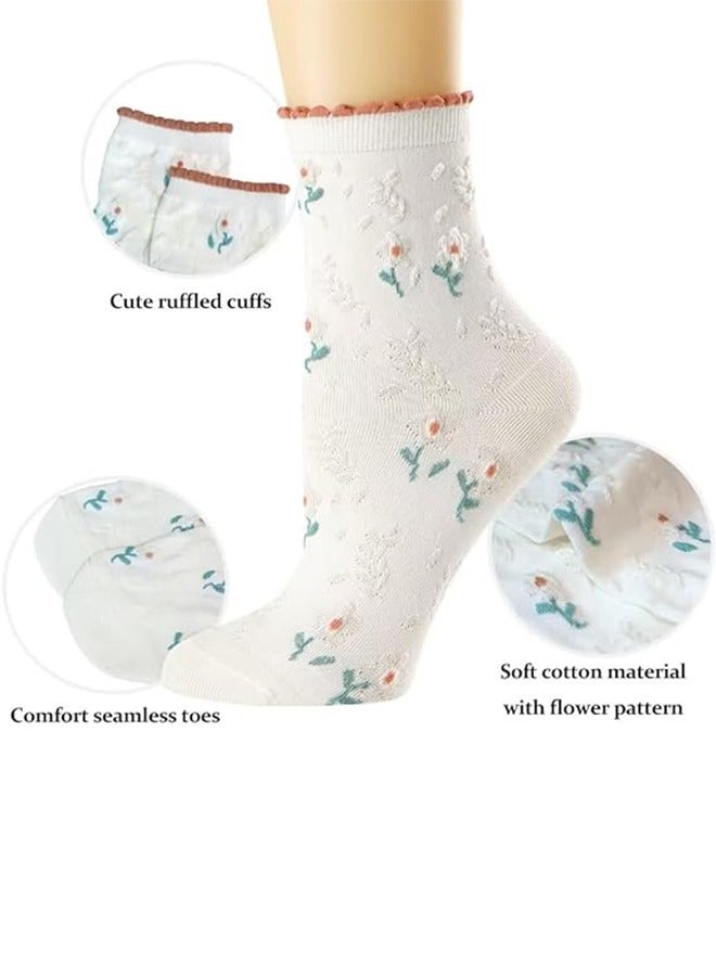 Women's Calf Socks Casual Cotton Socks, Fun Novelty Girls Floral Socks 5 Pairs, Lace Socks Women's Calf Socks  - Image 3