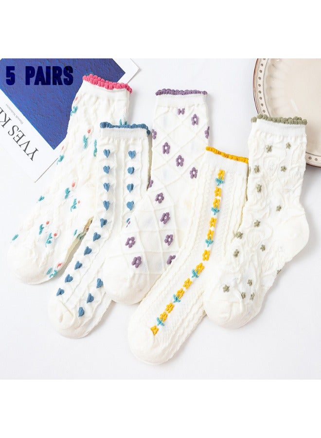 Women's Calf Socks Casual Cotton Socks, Fun Novelty Girls Floral Socks 5 Pairs, Lace Socks Women's Calf Socks  - Image 1