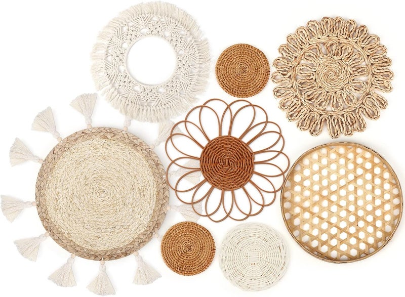 Marsui Set of 8 Boho Wall Basket Decor Flat Woven Basket Wall Decor Set Rattan Wall Decor Round Bamboo Hanging Wall Basket Macrame Tassels Wall Tapestry Boho Basket Wall Art for Bedroom Living Room Nursery - Image 1