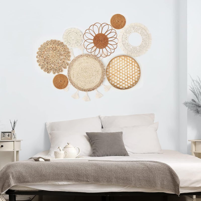 Marsui Set of 8 Boho Wall Basket Decor Flat Woven Basket Wall Decor Set Rattan Wall Decor Round Bamboo Hanging Wall Basket Macrame Tassels Wall Tapestry Boho Basket Wall Art for Bedroom Living Room Nursery - Image 4