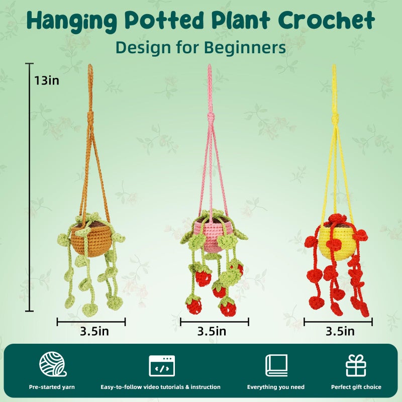 WaldyWop Crochet Kit for Beginners: 3 PCS Hanging Potted Crochet Plants Kits for Adults Kids 8-12 - Easy Video Tutorials & Printed Instructions & 40% Extra Yarn - DIY Birthday Gift Set for Girls Women - Image 3