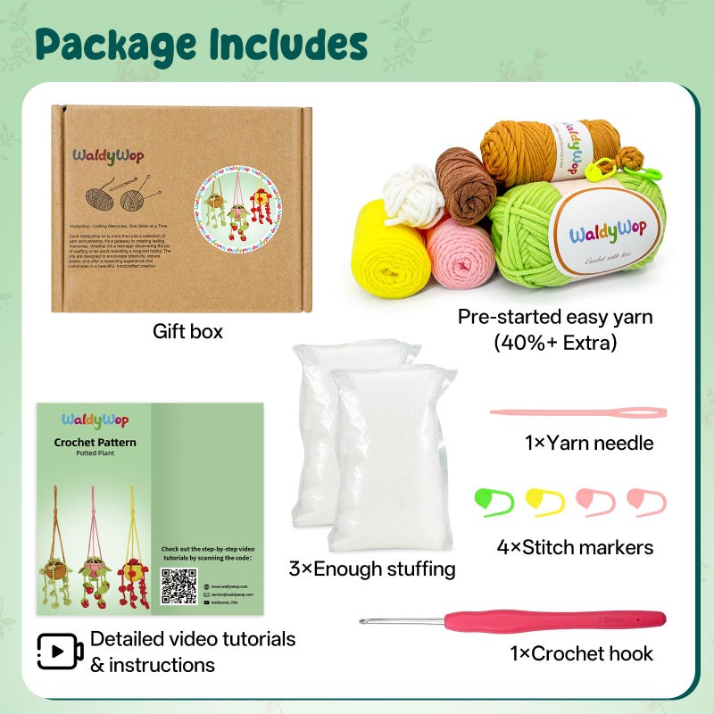 WaldyWop Crochet Kit for Beginners: 3 PCS Hanging Potted Crochet Plants Kits for Adults Kids 8-12 - Easy Video Tutorials & Printed Instructions & 40% Extra Yarn - DIY Birthday Gift Set for Girls Women - Image 2