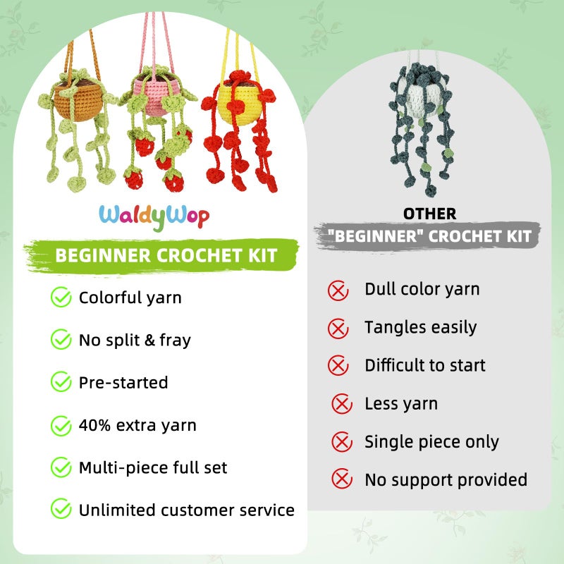 WaldyWop Crochet Kit for Beginners: 3 PCS Hanging Potted Crochet Plants Kits for Adults Kids 8-12 - Easy Video Tutorials & Printed Instructions & 40% Extra Yarn - DIY Birthday Gift Set for Girls Women - Image 5