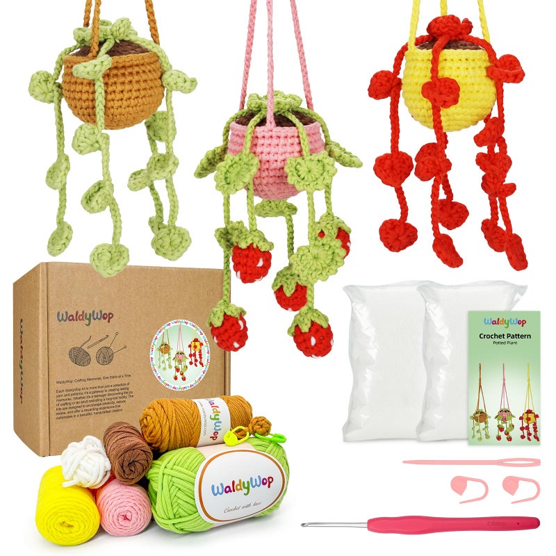WaldyWop Crochet Kit for Beginners: 3 PCS Hanging Potted Crochet Plants Kits for Adults Kids 8-12 - Easy Video Tutorials & Printed Instructions & 40% Extra Yarn - DIY Birthday Gift Set for Girls Women - Image 1