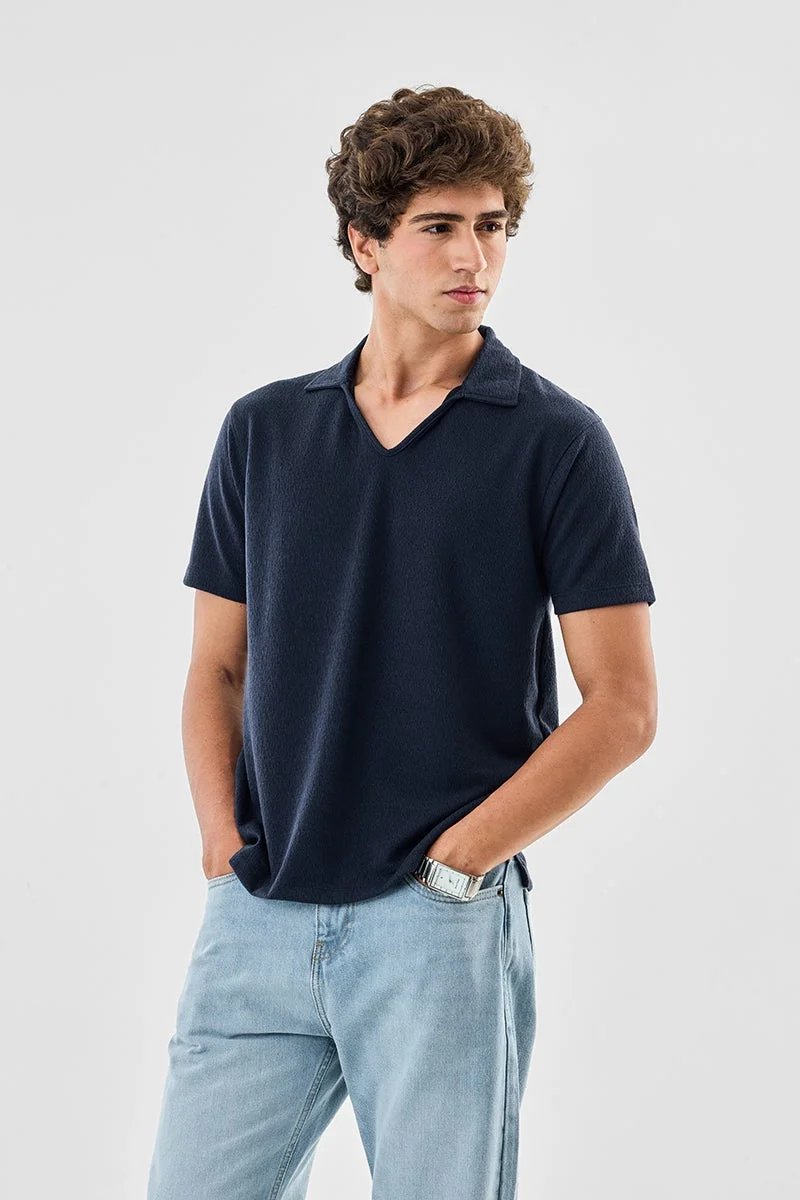 Navy Textured Half Sleeve Slim Fit T-Shirt