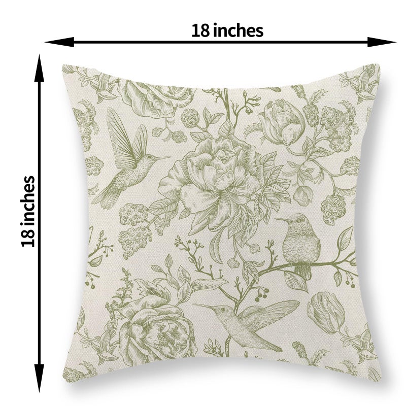 GOLIANDA Sage Green Pillow Covers 18x18 Set of 2 Light Green Chinoiserie Bird Floral Throw Pillows Outdoor Decor Vintage Hummingbird Flower Pillow Cases Linen Decorative Cushion Cover for Couch Sofa - Image 2