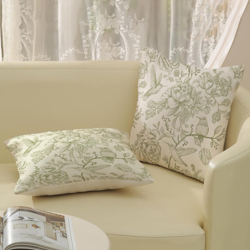 GOLIANDA Sage Green Pillow Covers 18x18 Set of 2 Light Green Chinoiserie Bird Floral Throw Pillows Outdoor Decor Vintage Hummingbird Flower Pillow Cases Linen Decorative Cushion Cover for Couch Sofa - Image 5