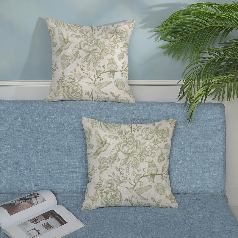GOLIANDA Sage Green Pillow Covers 18x18 Set of 2 Light Green Chinoiserie Bird Floral Throw Pillows Outdoor Decor Vintage Hummingbird Flower Pillow Cases Linen Decorative Cushion Cover for Couch Sofa - Image 4