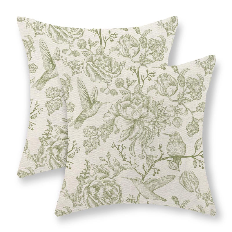 GOLIANDA Sage Green Pillow Covers 18x18 Set of 2 Light Green Chinoiserie Bird Floral Throw Pillows Outdoor Decor Vintage Hummingbird Flower Pillow Cases Linen Decorative Cushion Cover for Couch Sofa - Image 1