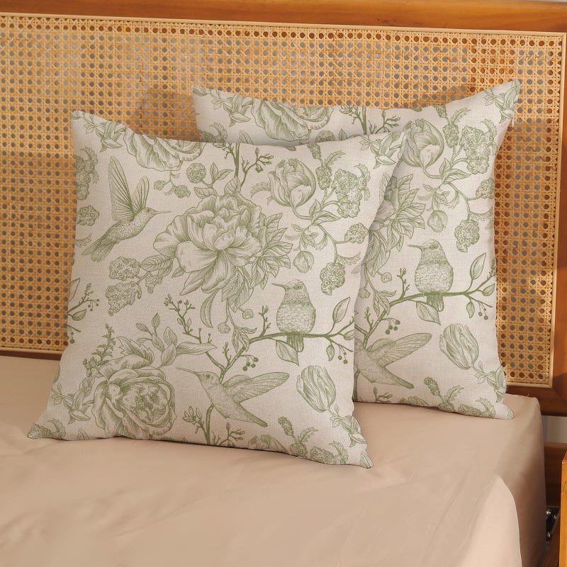 GOLIANDA Sage Green Pillow Covers 18x18 Set of 2 Light Green Chinoiserie Bird Floral Throw Pillows Outdoor Decor Vintage Hummingbird Flower Pillow Cases Linen Decorative Cushion Cover for Couch Sofa - Image 3