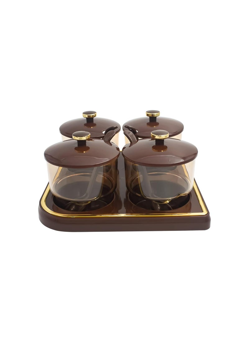GALOOF GALOOF Plastic Pickle Container Set With Spoon Lid And Tray For Dining Table Set Of 4 Condiment Storage Jar For Achar Spice Mukhvas Salt And Papper BROWN  - Image 2