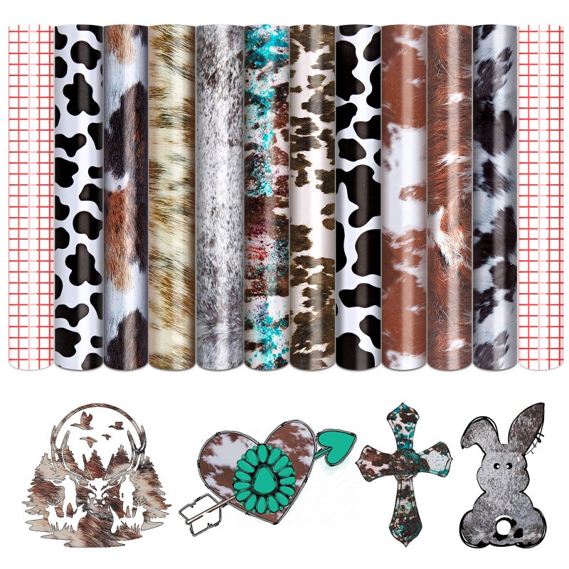 Tintnut Cowhide Permanent Vinyl 12x10 Sheets Cow Print Patterned Permanent Adhesive Vinyl for Cutting MachineWaterproof Vinyl for Home Decor Self Sticker