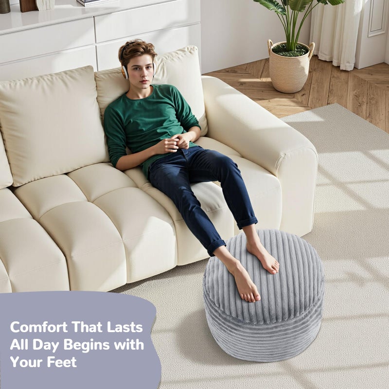 MeMoreCool Stuffed Round Pouf Ottoman Foot Rest, Soft Plush Floor Pouf Foot Stool, Corduray Footstool Footrest, Small Round Ottoman for Living Room Couch Sofa Chair, 20x15 Inch Grey - Image 5