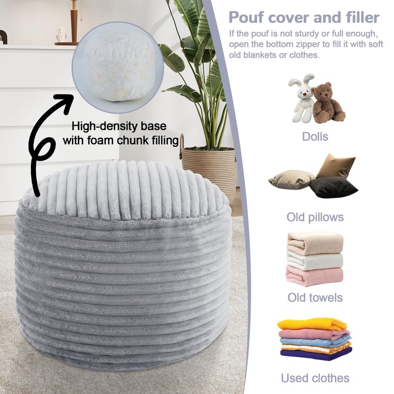 MeMoreCool Stuffed Round Pouf Ottoman Foot Rest, Soft Plush Floor Pouf Foot Stool, Corduray Footstool Footrest, Small Round Ottoman for Living Room Couch Sofa Chair, 20x15 Inch Grey - Image 4