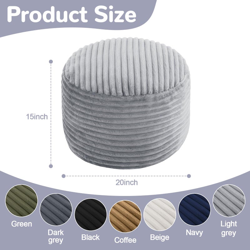 MeMoreCool Stuffed Round Pouf Ottoman Foot Rest, Soft Plush Floor Pouf Foot Stool, Corduray Footstool Footrest, Small Round Ottoman for Living Room Couch Sofa Chair, 20x15 Inch Grey - Image 3