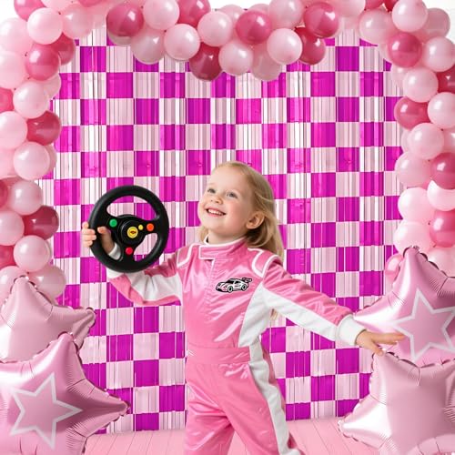 Riomhorry Birthday Party Streamers Decorations, Photo Booth Props Backdrops Decorations, Pink and White Checkered Foil Fringe Decor Supplies for Pink Race Car Theme Party - Image 5