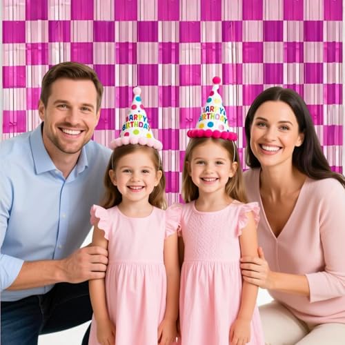 Riomhorry Birthday Party Streamers Decorations, Photo Booth Props Backdrops Decorations, Pink and White Checkered Foil Fringe Decor Supplies for Pink Race Car Theme Party - Image 4