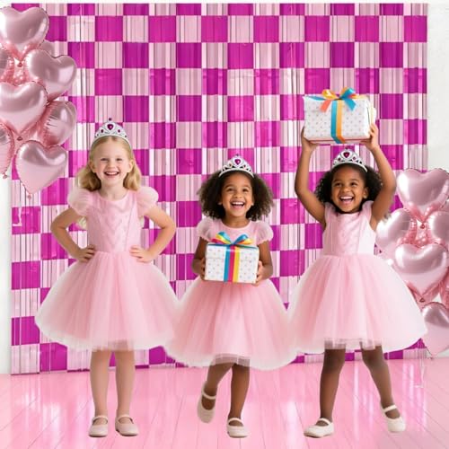 Riomhorry Birthday Party Streamers Decorations, Photo Booth Props Backdrops Decorations, Pink and White Checkered Foil Fringe Decor Supplies for Pink Race Car Theme Party - Image 3