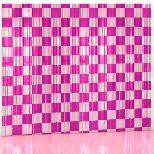 Riomhorry Birthday Party Streamers Decorations, Photo Booth Props Backdrops Decorations, Pink and White Checkered Foil Fringe Decor Supplies for Pink Race Car Theme Party - Image 1