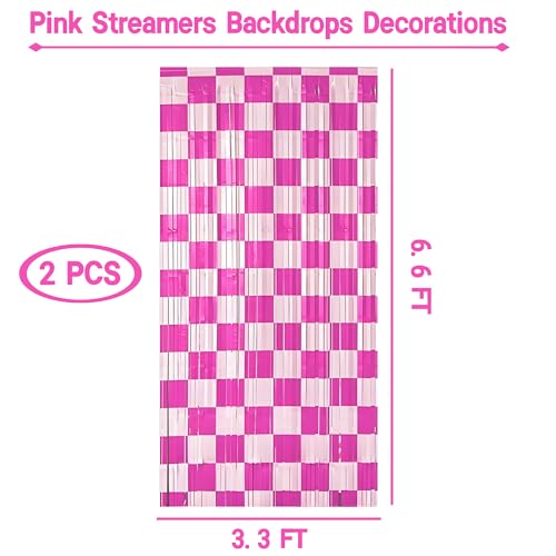 Riomhorry Birthday Party Streamers Decorations, Photo Booth Props Backdrops Decorations, Pink and White Checkered Foil Fringe Decor Supplies for Pink Race Car Theme Party - Image 2