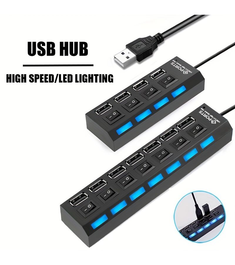 مركز USB 2.0 عالي السرعة بسبعة منافذ مع مفتاح مستقل للكمبيوتر المحمول - أسود - Image 1