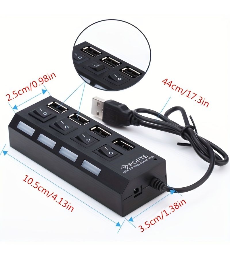 مركز USB 2.0 عالي السرعة بسبعة منافذ مع مفتاح مستقل للكمبيوتر المحمول - أسود - Image 2