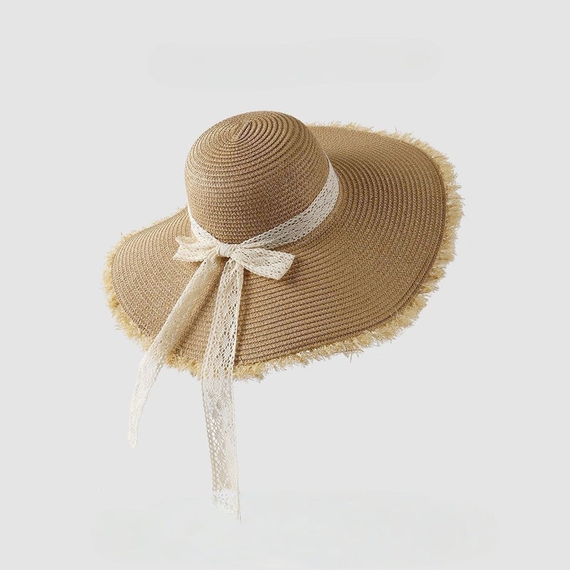 New French Flat Top Hat for Women - Large Size Beach Holiday Sun Hat with Wide Brim