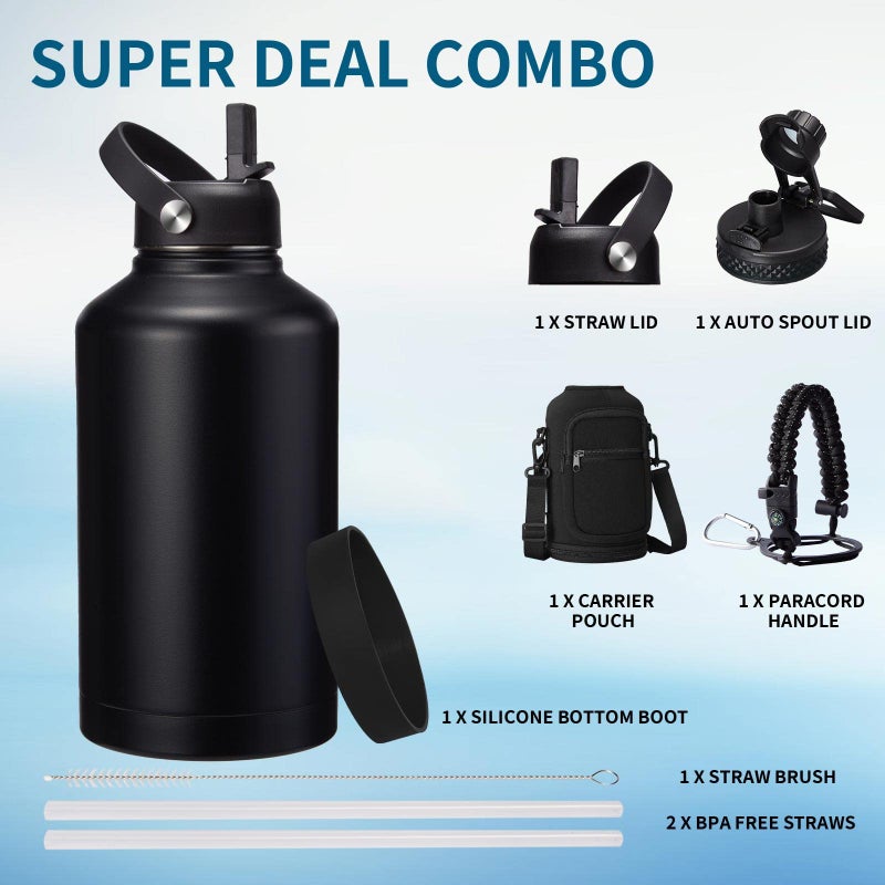 VICKNIY 64 oz Insulated Water Bottle with Straw & Auto Spout Lids  Paracord Handle  Half Gallon Waterbottle Strap Carrier & Protective Boot  Wide Mouth Metal Canteen Thermo Mug  Leak-proof Sports Hydro Jug - Image 3