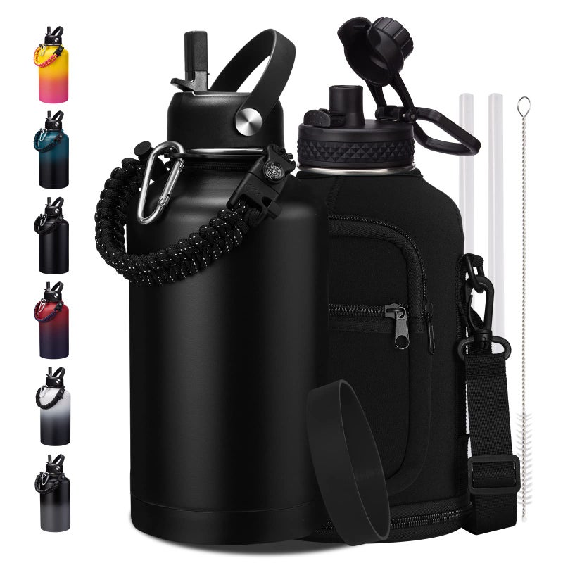 VICKNIY 64 oz Insulated Water Bottle with Straw & Auto Spout Lids  Paracord Handle  Half Gallon Waterbottle Strap Carrier & Protective Boot  Wide Mouth Metal Canteen Thermo Mug  Leak-proof Sports Hydro Jug - Image 2