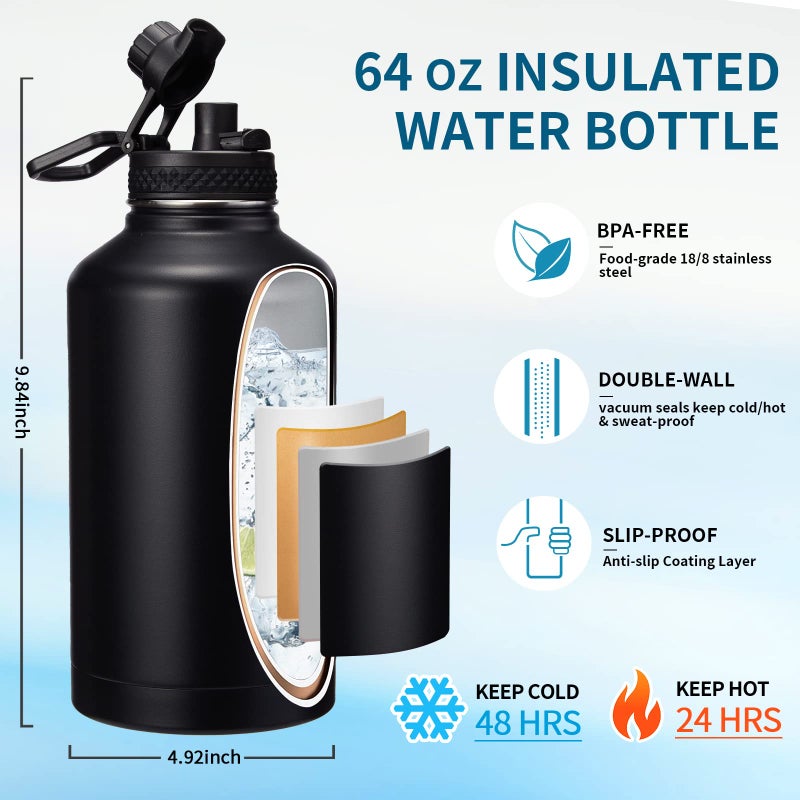 VICKNIY 64 oz Insulated Water Bottle with Straw & Auto Spout Lids  Paracord Handle  Half Gallon Waterbottle Strap Carrier & Protective Boot  Wide Mouth Metal Canteen Thermo Mug  Leak-proof Sports Hydro Jug - Image 4