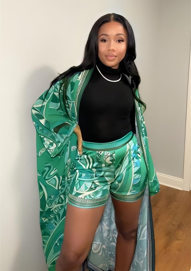 QegarTop Shorts Sets Women 2 Piece Outfits Dressy Two peice Vacation Flowy Kimono Chiffon Cardigan Green XL - Image 2