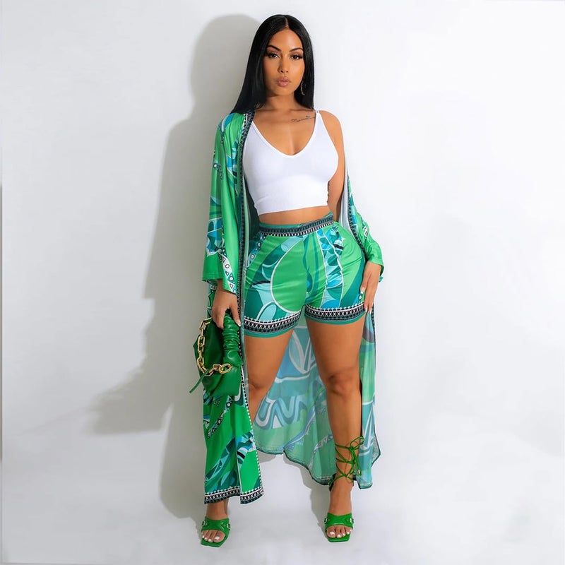 QegarTop Shorts Sets Women 2 Piece Outfits Dressy Two peice Vacation Flowy Kimono Chiffon Cardigan Green XL - Image 4