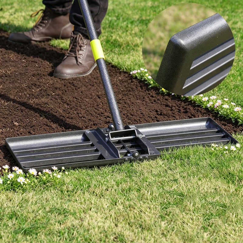 Oliynedy Lawn Leveling Rake Heavy Duty 30x10 Large Ground Plate Leveler Tool Anti Flipping Smooth Edge Pull Behind Garden Landscape Rake for Soil Sand Dirt Yard Top Dressing Long Handle 65 Inch - Image 2