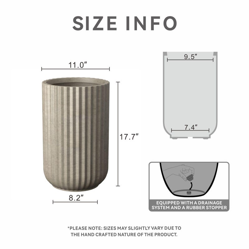 Kante Tall Fulted Planter, 17.7 Inch Tall Round Concrete Plant Pots with Drainage Hole and Rubber Plug, Modern Decor for Indoor Outdoor Plants, Flower, Weathered Concrete - Image 2