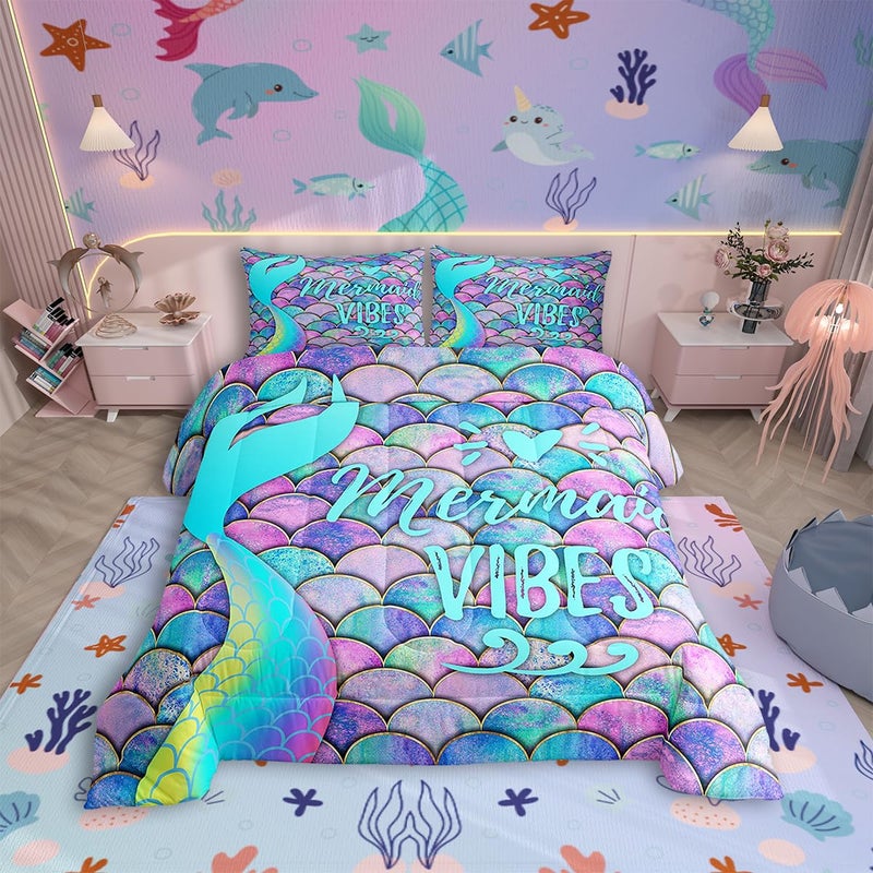 Erosebridal Erosebridal Mermaid Comforter Set Twin Size Kids Fish Scales Duvet Sets Girly Rainbow Bedding Set for Boys Teens Women Bedroom Ocean Life Sea Animal Bedding Comforters Bedroom Decor 