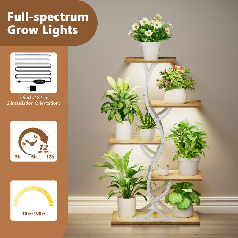 EVAWOO Plant Stand Indoor with Grow Lights - 44" Tall Corner Plant Stands for Indoor Plants, 5 Tiered Metal Plant Shelf, Curved Plant Flower Holder Dispaly Rack for Living Room, Home Patio Balcony (White) - Image 4