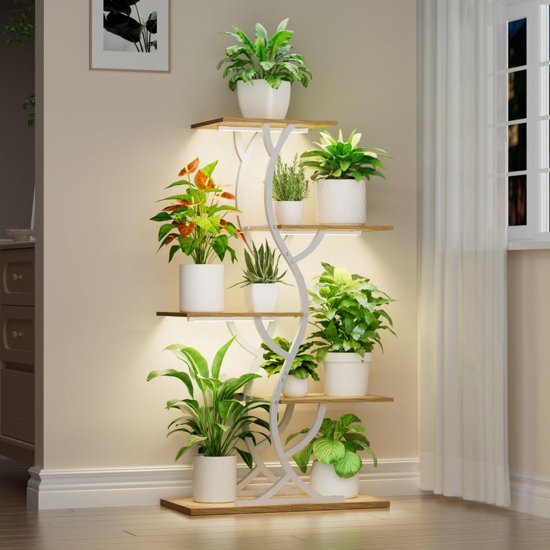 EVAWOO Plant Stand Indoor with Grow Lights - 44" Tall Corner Plant Stands for Indoor Plants, 5 Tiered Metal Plant Shelf, Curved Plant Flower Holder Dispaly Rack for Living Room, Home Patio Balcony (White) - Image 1
