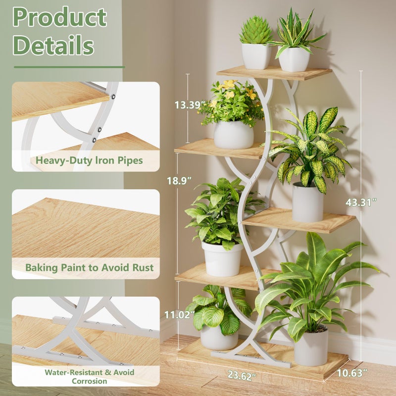 EVAWOO Plant Stand Indoor with Grow Lights - 44" Tall Corner Plant Stands for Indoor Plants, 5 Tiered Metal Plant Shelf, Curved Plant Flower Holder Dispaly Rack for Living Room, Home Patio Balcony (White) - Image 2