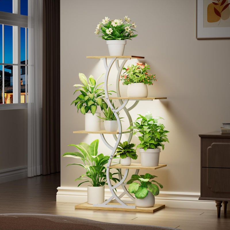 EVAWOO Plant Stand Indoor with Grow Lights - 44" Tall Corner Plant Stands for Indoor Plants, 5 Tiered Metal Plant Shelf, Curved Plant Flower Holder Dispaly Rack for Living Room, Home Patio Balcony (White) - Image 3