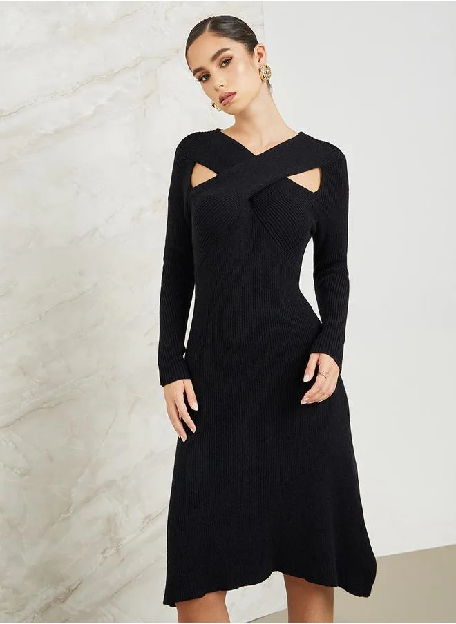 Styli Cross-Over V Neck Knitted Sweater Dress