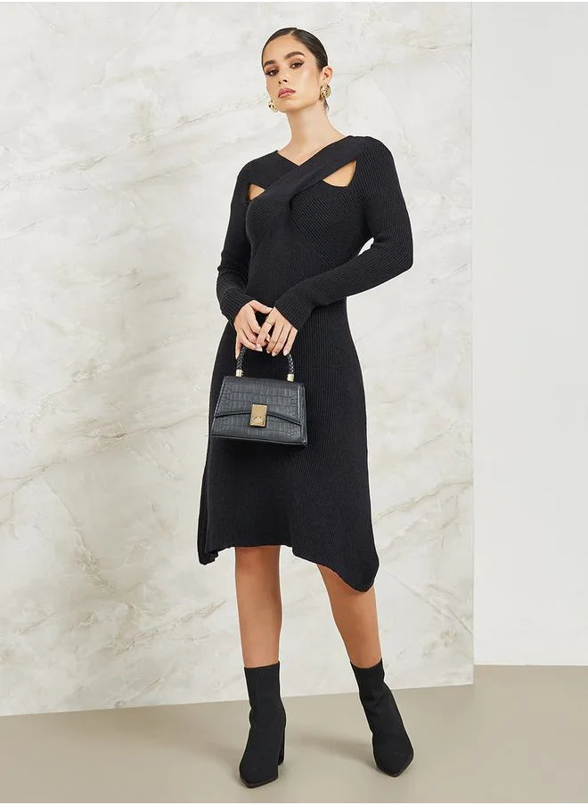 Styli Cross-Over V Neck Knitted Sweater Dress