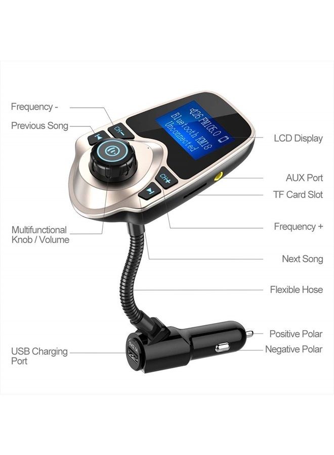 nulaxy Bluetooth Car FM Transmitter Audio Adapter Receiver Wireless Handsfree Voltmeter Car Kit TF Card AUX 1.44 Display - KM18 Golden - Image 4