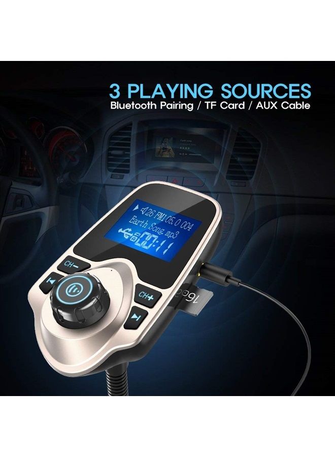 nulaxy Bluetooth Car FM Transmitter Audio Adapter Receiver Wireless Handsfree Voltmeter Car Kit TF Card AUX 1.44 Display - KM18 Golden - Image 5