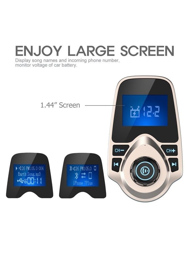 nulaxy Bluetooth Car FM Transmitter Audio Adapter Receiver Wireless Handsfree Voltmeter Car Kit TF Card AUX 1.44 Display - KM18 Golden - Image 3